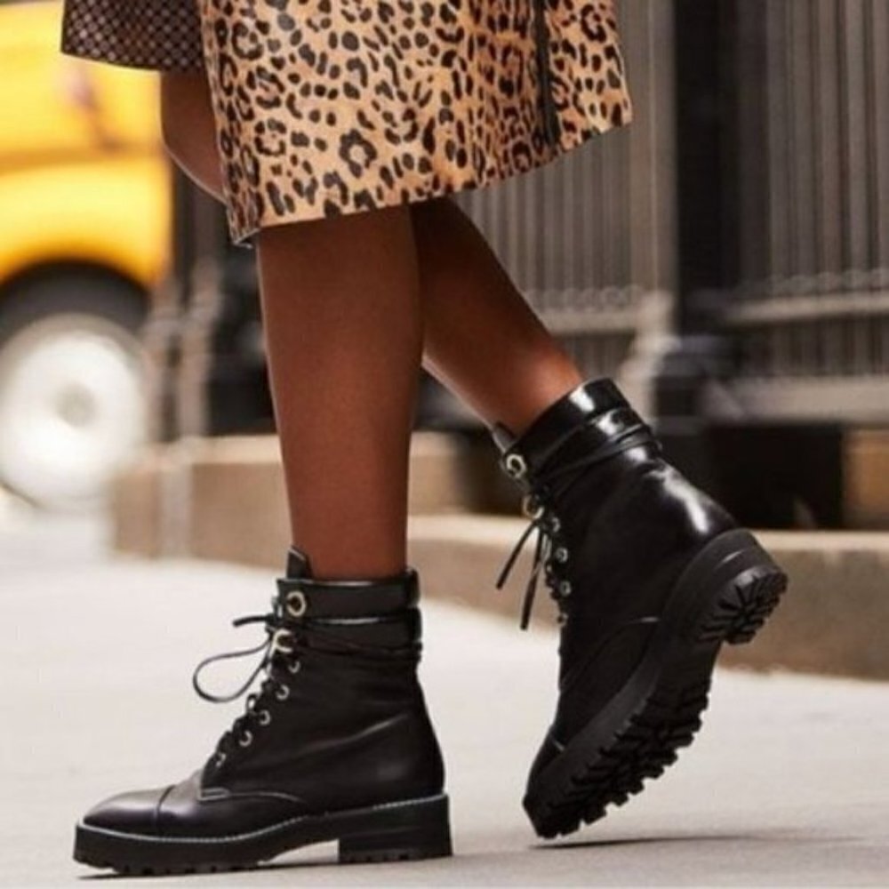 STUART WEITZMAN Lexy Leather Combat Boots Black Leather 9.5M - Picture 2 of 11
